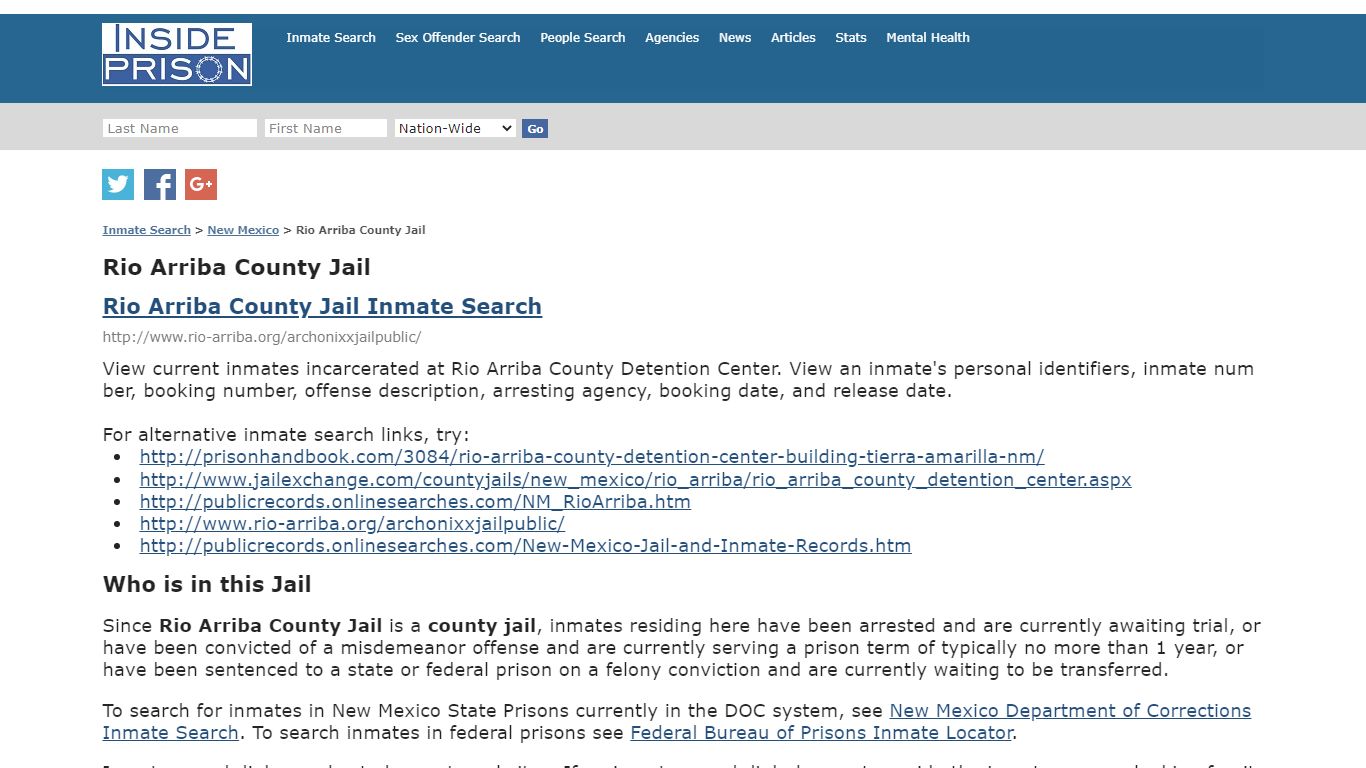 Rio Arriba County Jail - New Mexico - Inmate Search - Inside Prison